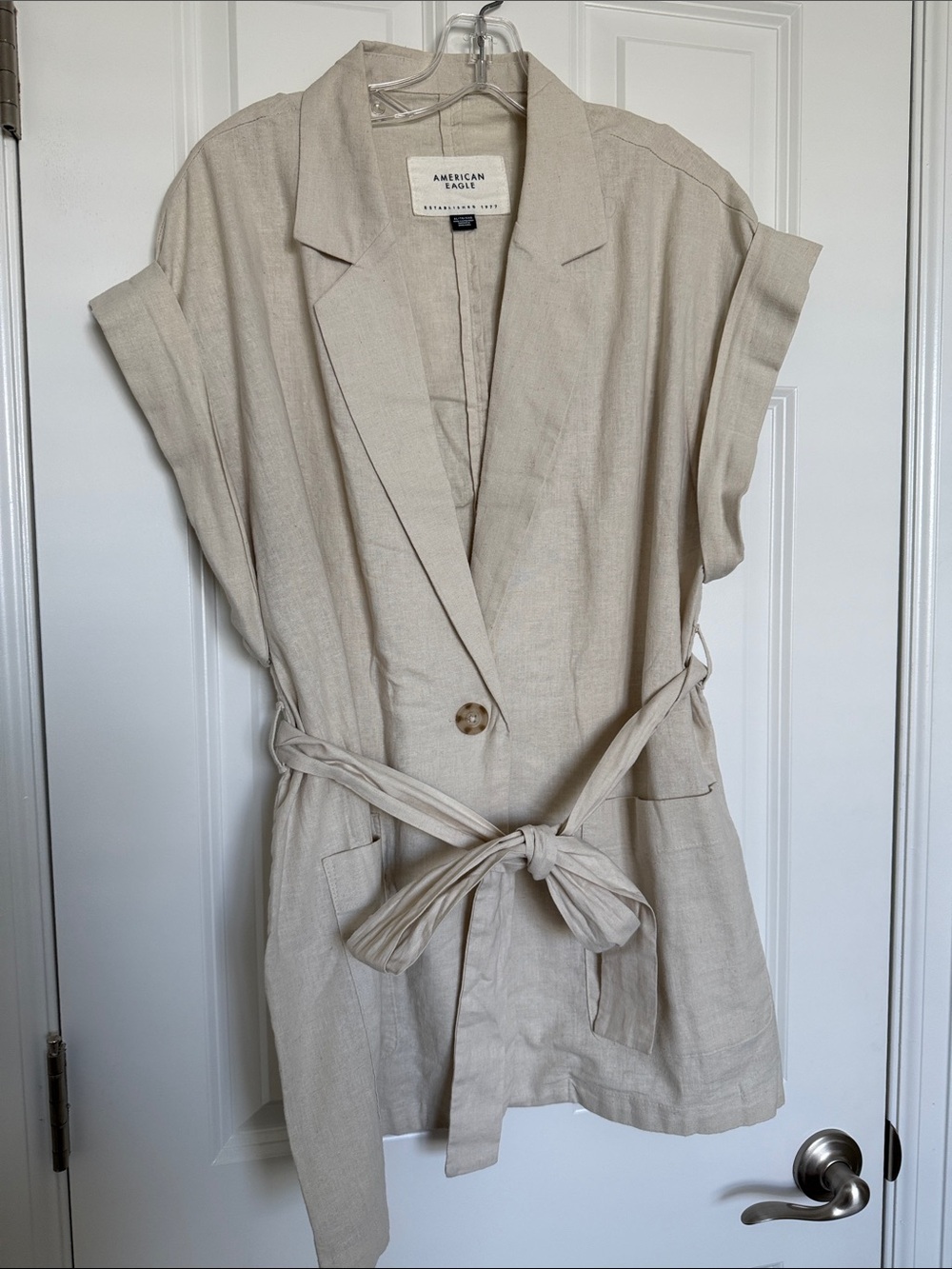 American Eagle Natural Beige Linen Wrap-Tie Jacket